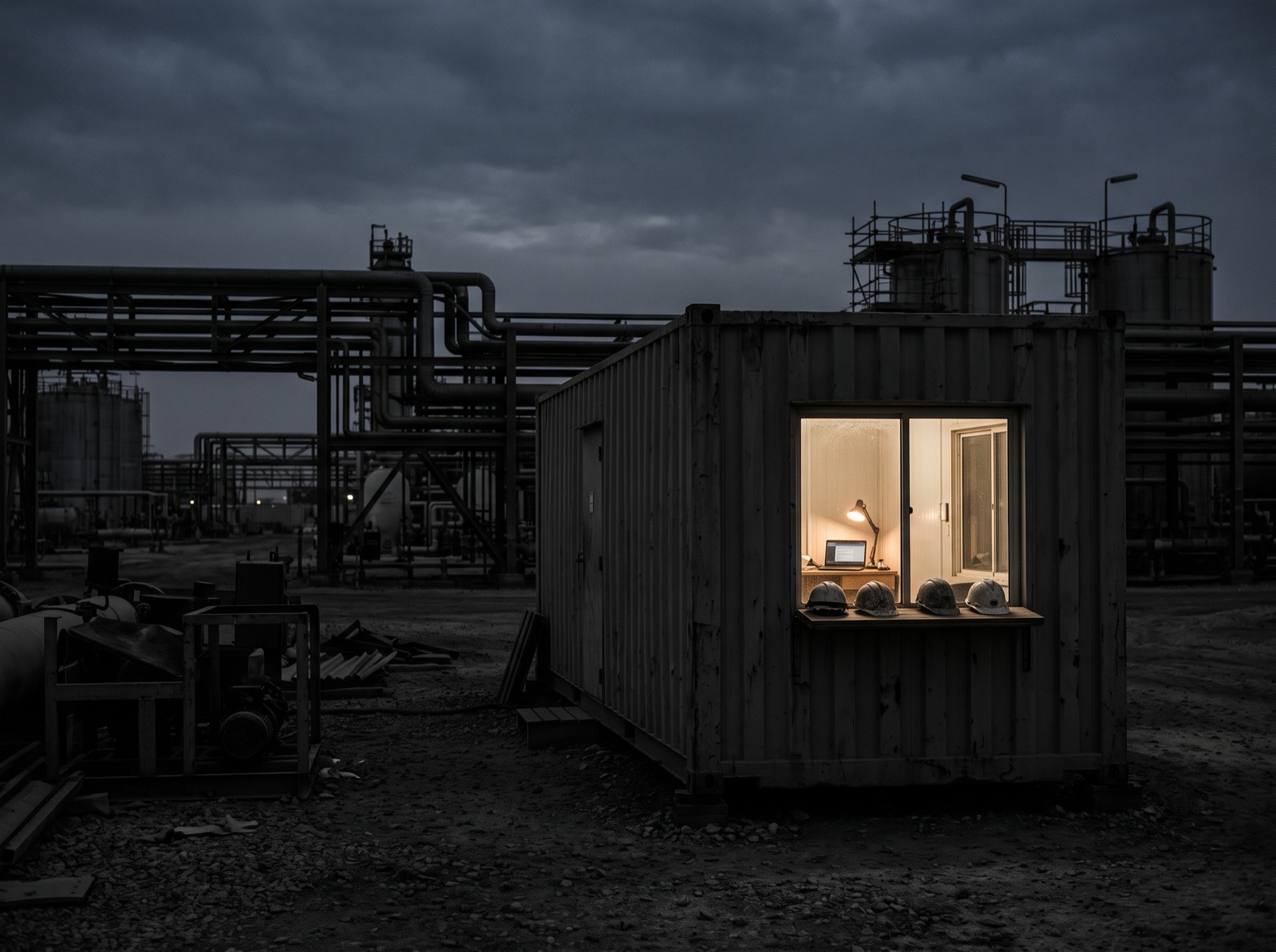 A site office lit from inside at dusk, in an industrial yard