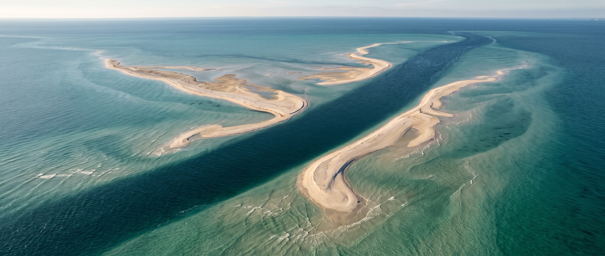 Sandbars in the Arabian Gulf seen from the air, converging toward one deep channel of dark water